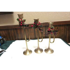 Vintage Christmas Trumpet Brass Candle Holders Bugle Horn  Taper Set of 3